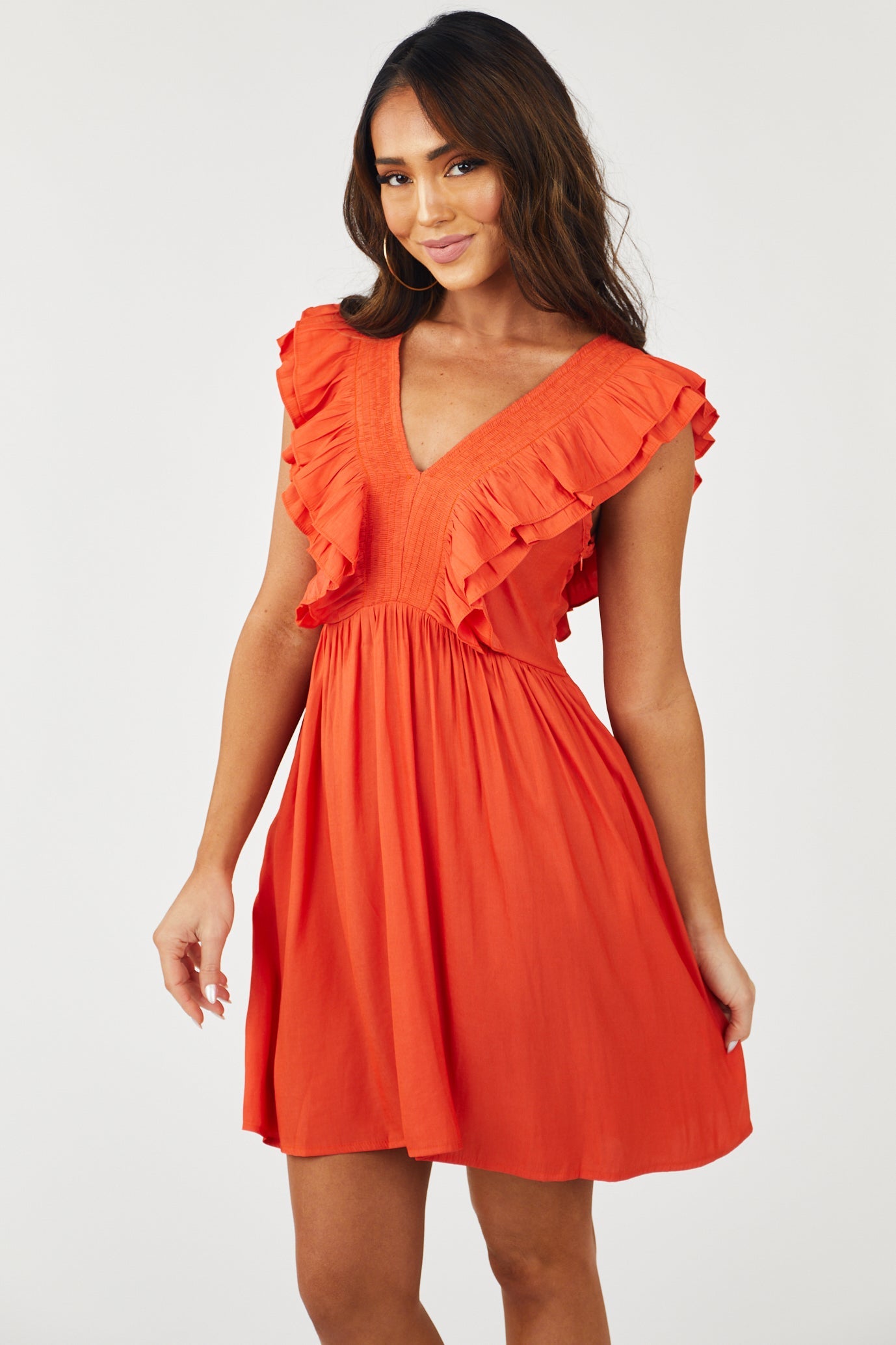 Burnt Orange Smocked V Neckline Woven Mini Dress