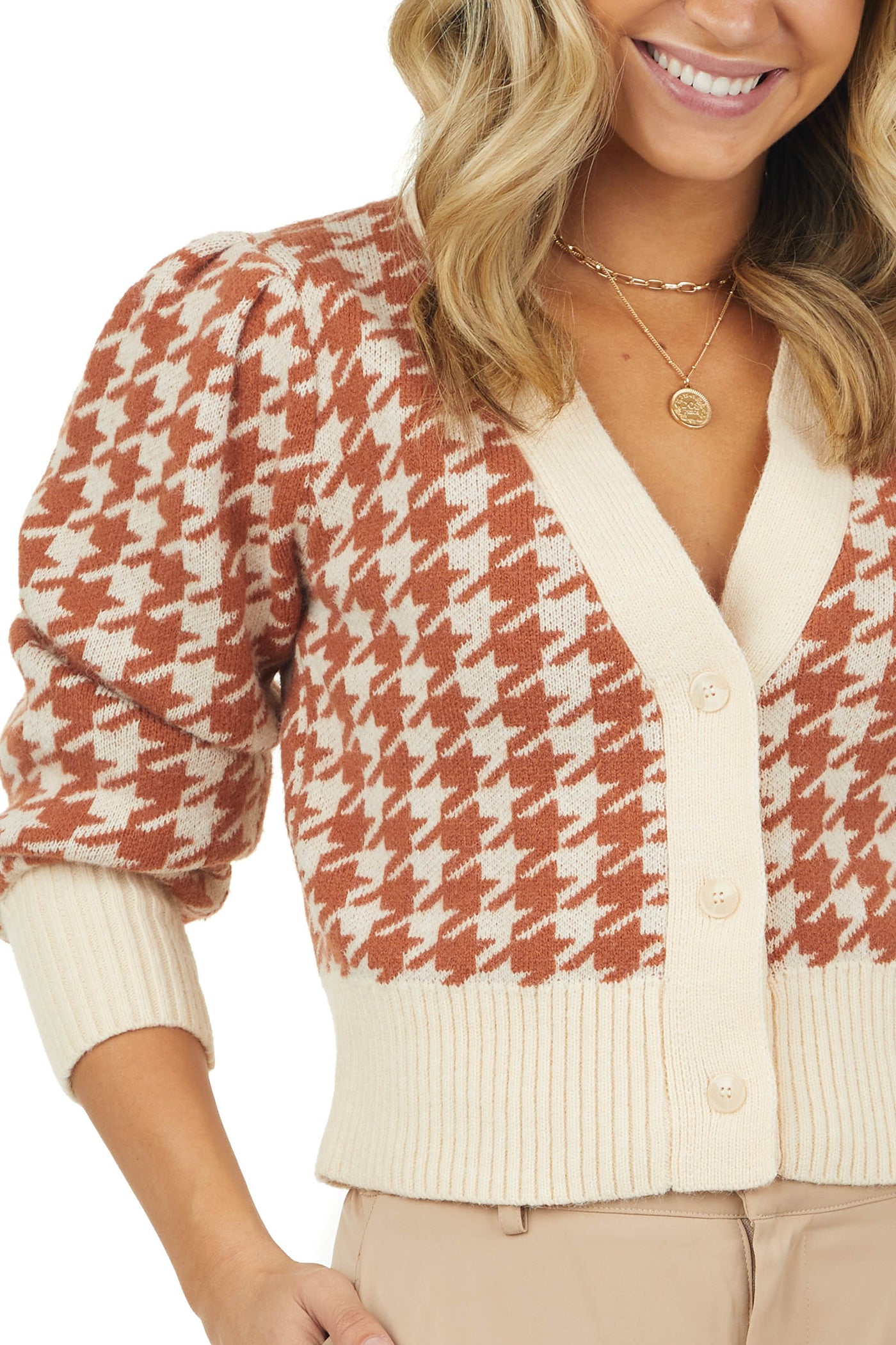 Burnt Orange and Cream Houndstooth Knit Cardigan