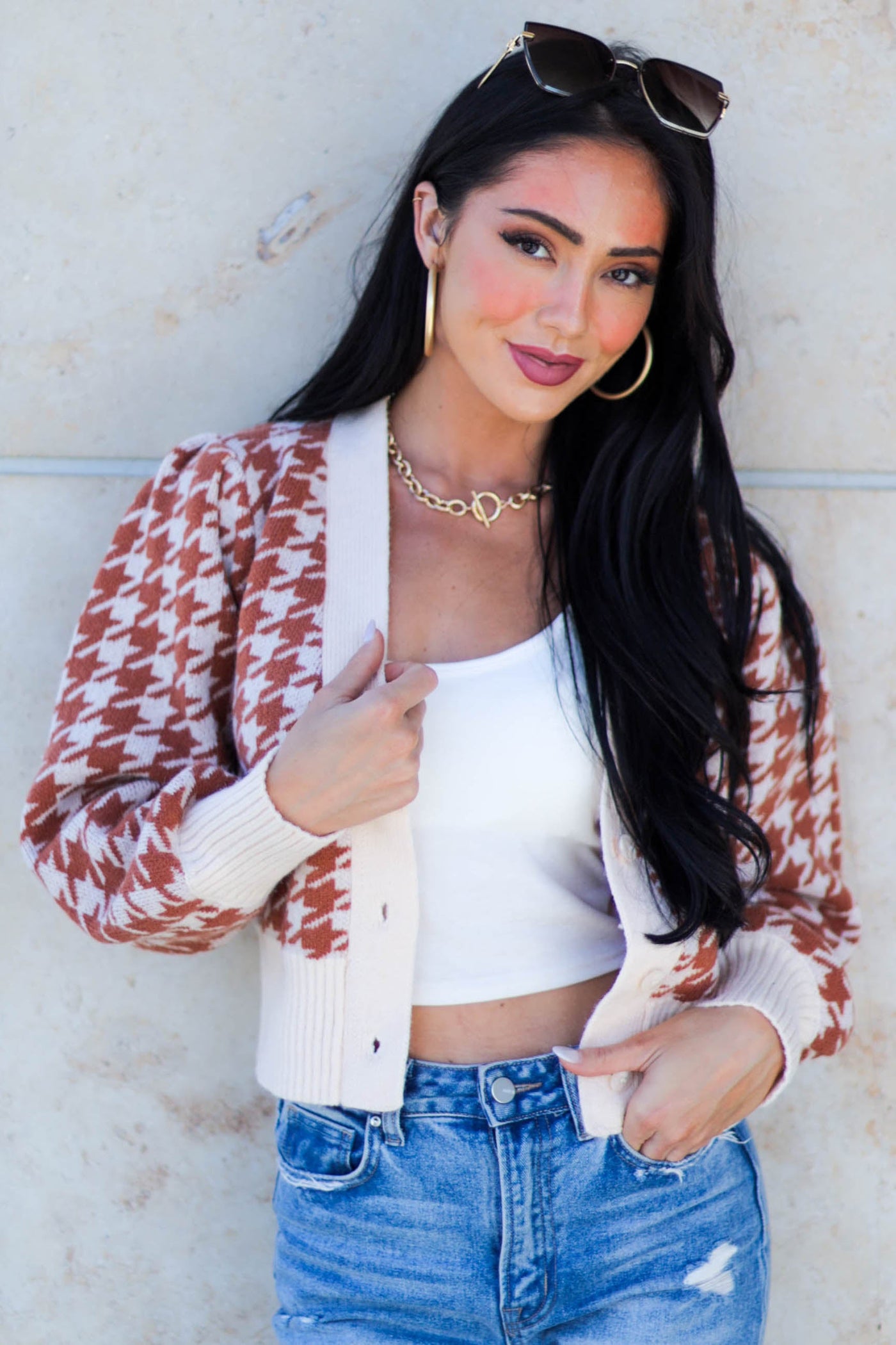 Burnt Orange and Cream Houndstooth Knit Cardigan