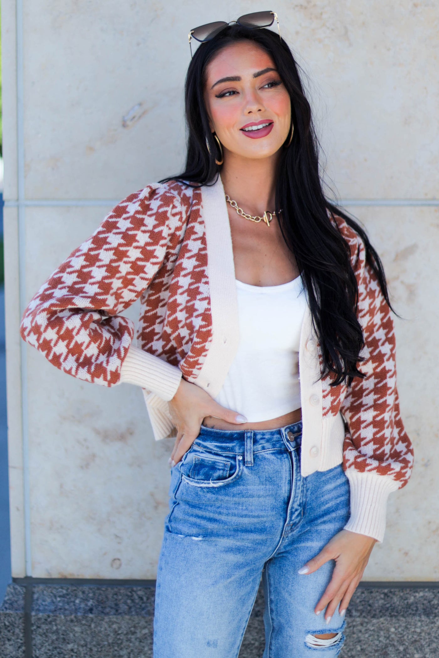 Burnt Orange and Cream Houndstooth Knit Cardigan