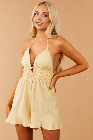 Buttercream Deep V Ruffle Hem Cami Romper