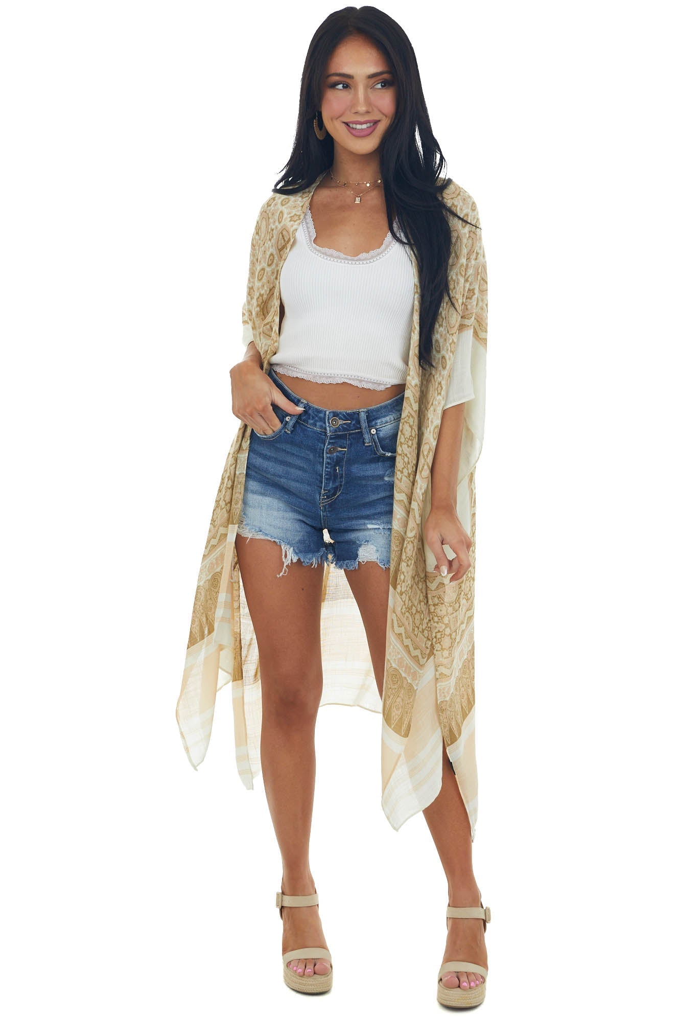 Buttercream Printed Kimono with High Side Slits