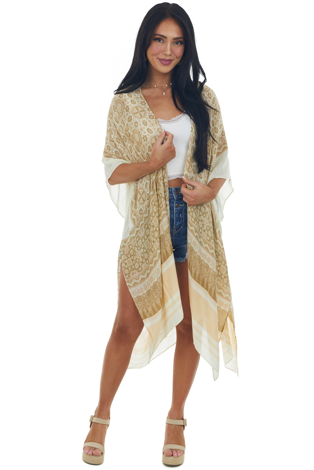 Buttercream Printed Kimono with High Side Slits