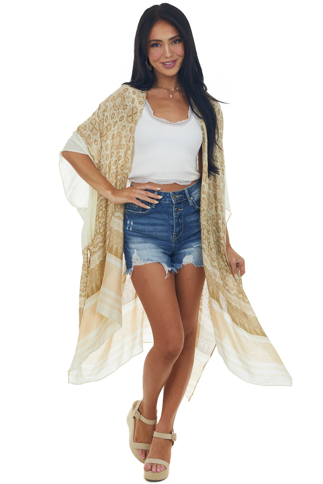 Buttercream Printed Kimono with High Side Slits