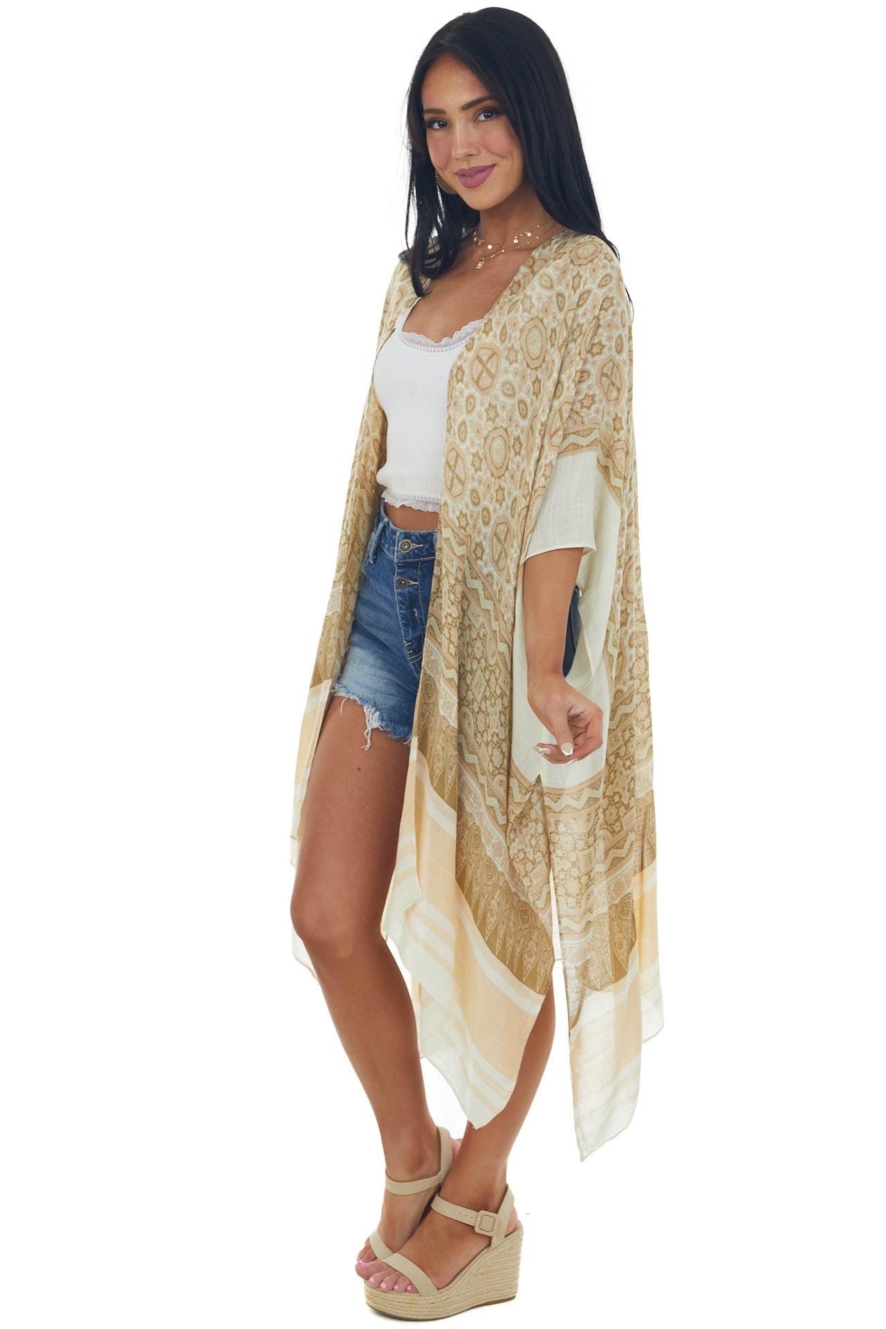Buttercream Printed Kimono with High Side Slits