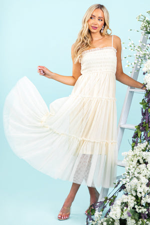 Buttercream Smocked Tie Strap Tulle Midi Dress