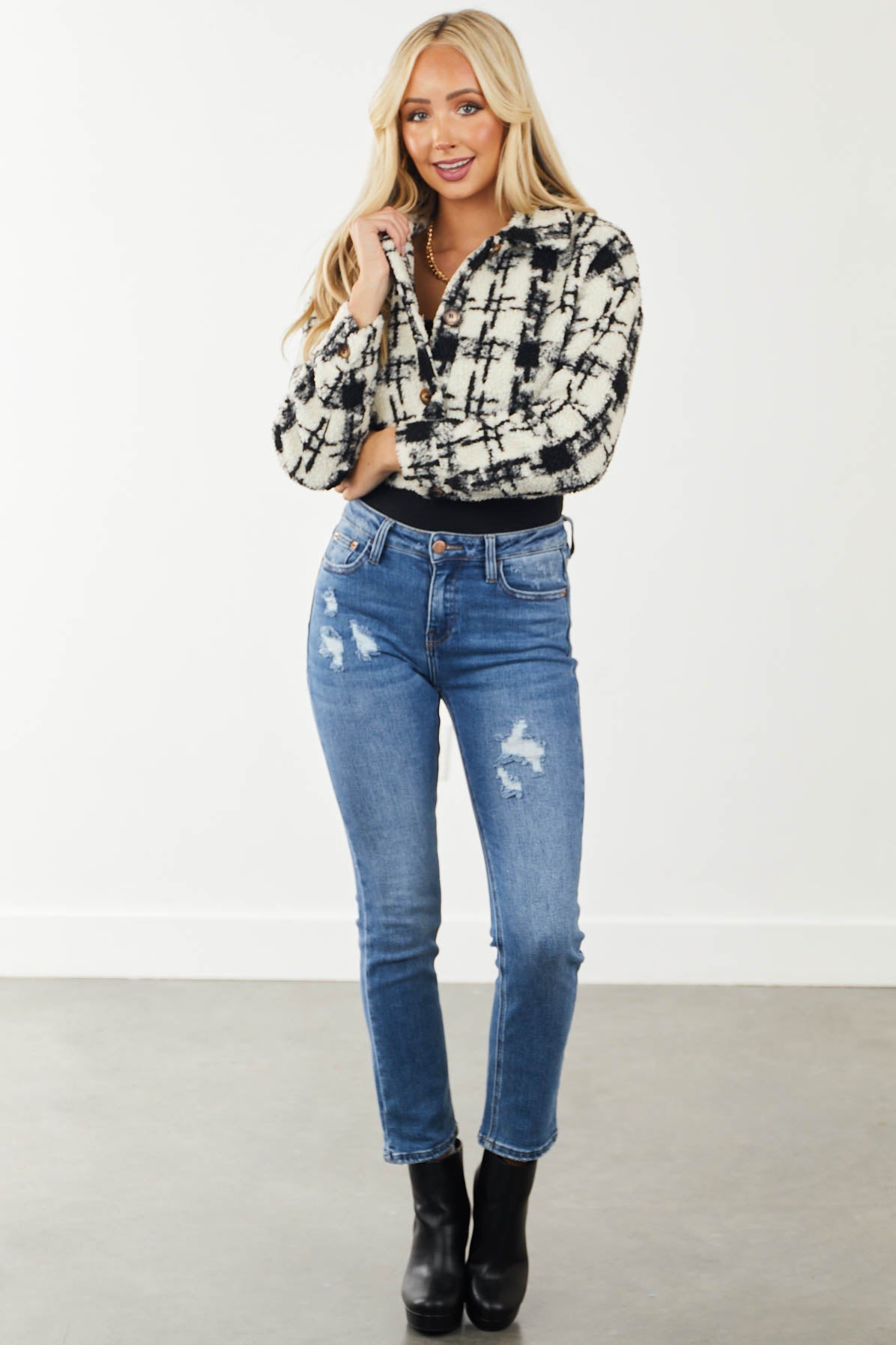 Buttercream and Black Plaid Cropped Sherpa Jacket