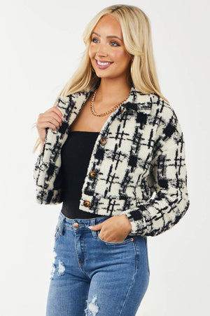 Buttercream and Black Plaid Cropped Sherpa Jacket