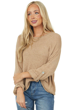 Camel Boat Neck Textured Knit Sweater