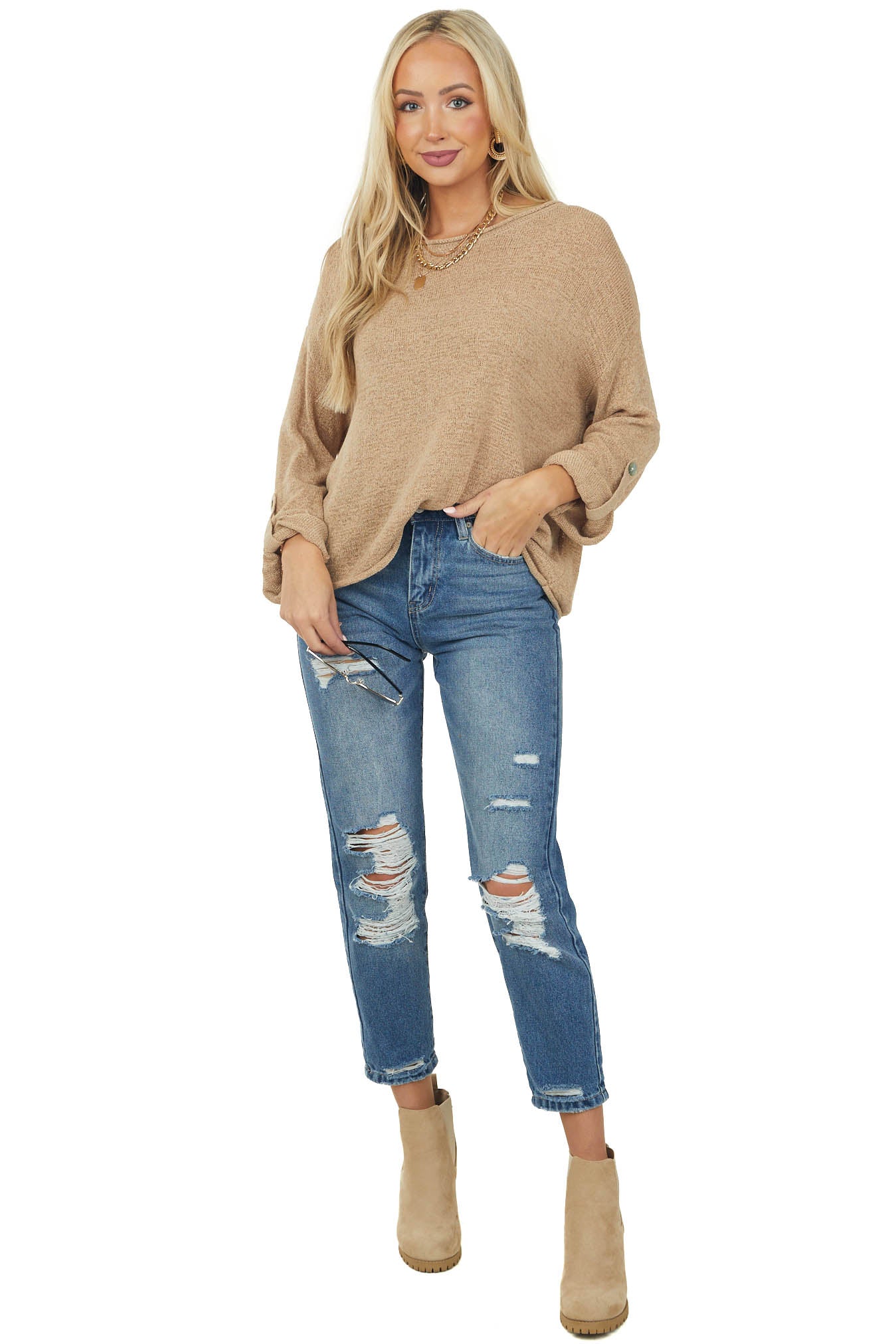 Camel Boat Neck Textured Knit Sweater