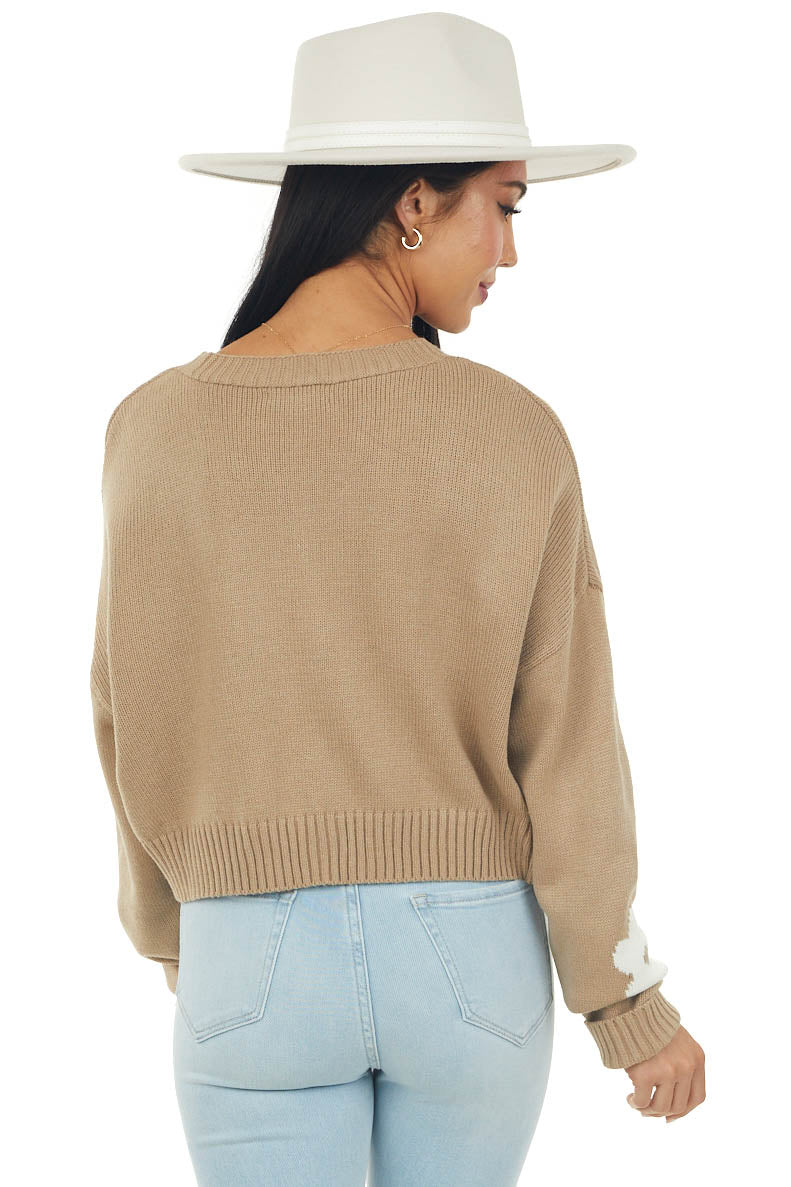 Camel Daisy Print Button Up Long Sleeve Cardigan