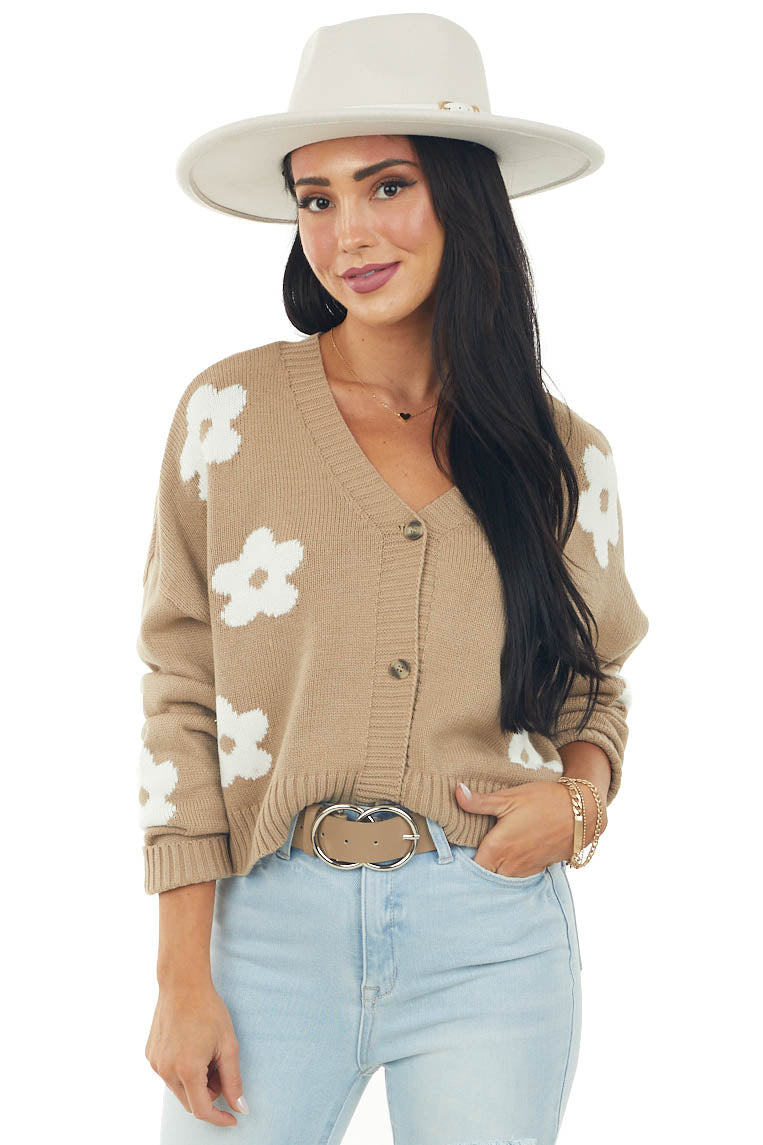 Camel Daisy Print Button Up Long Sleeve Cardigan