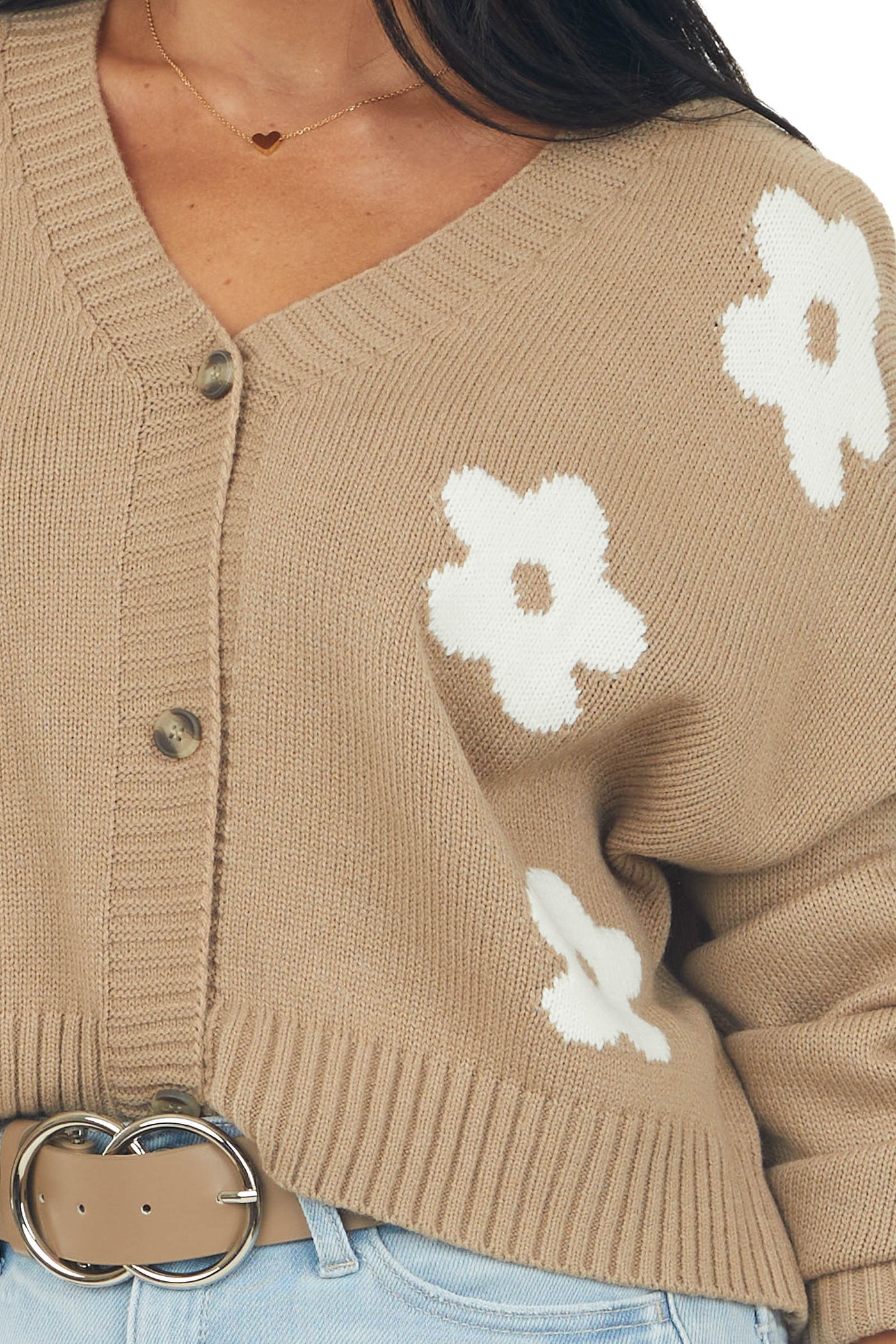 Camel Daisy Print Button Up Long Sleeve Cardigan