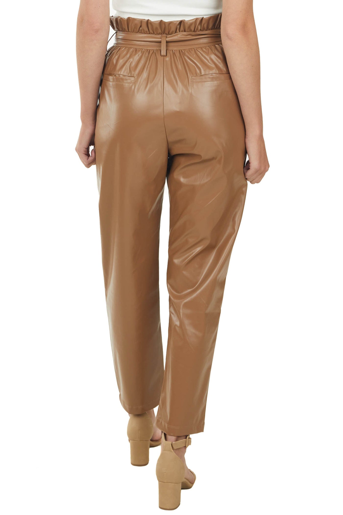 Camel Faux Leather High Rise Tie Waist Pants
