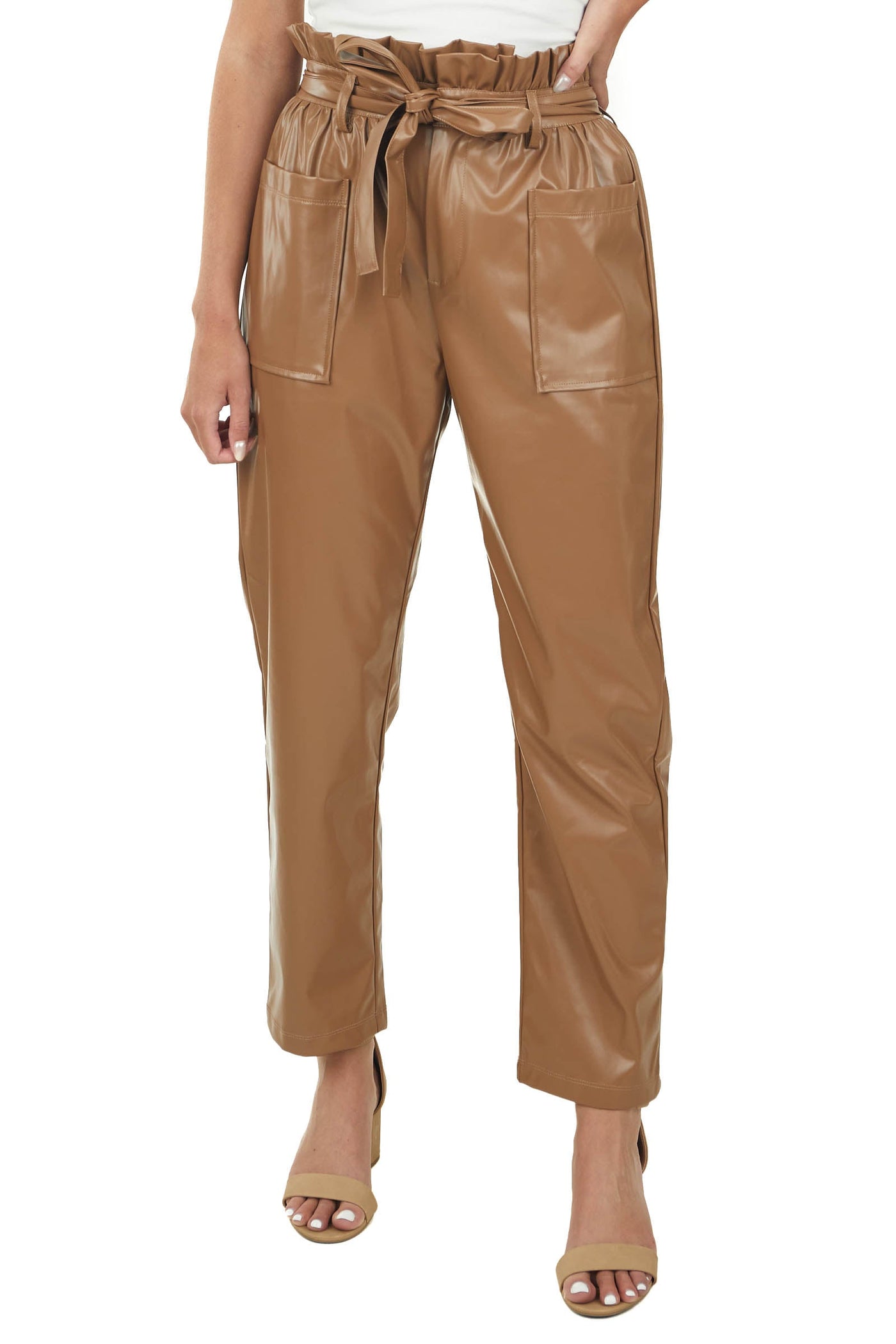 Camel Faux Leather High Rise Tie Waist Pants