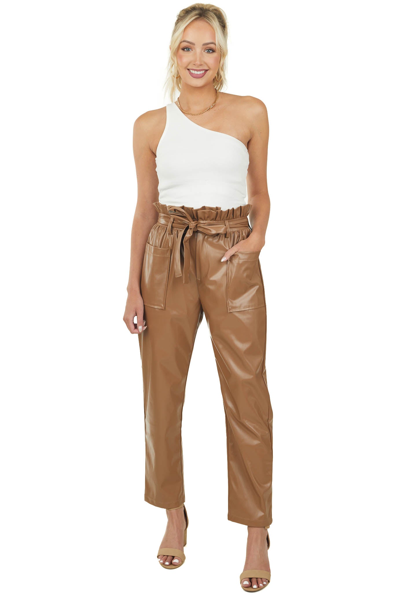 Camel Faux Leather High Rise Tie Waist Pants