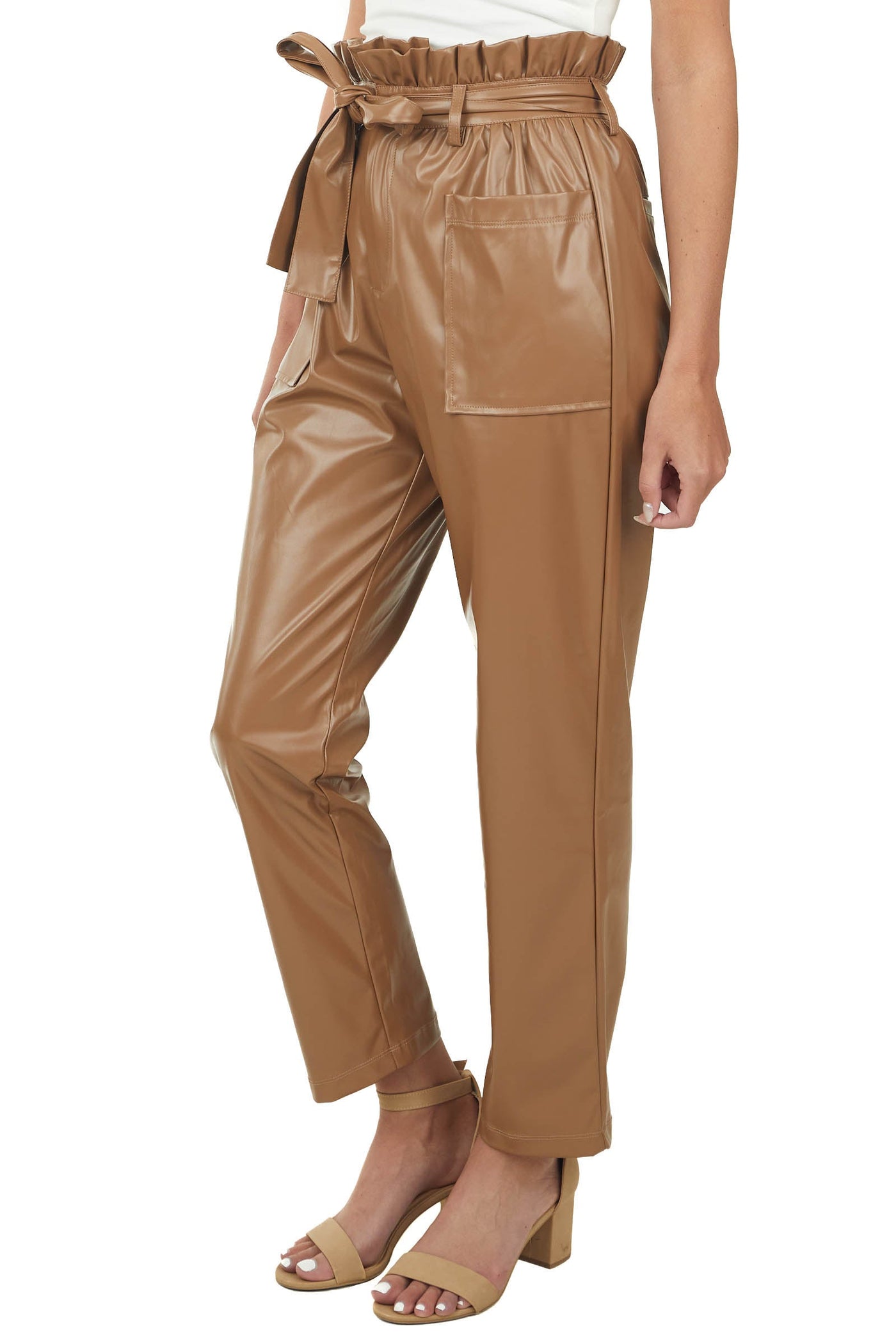 Camel Faux Leather High Rise Tie Waist Pants
