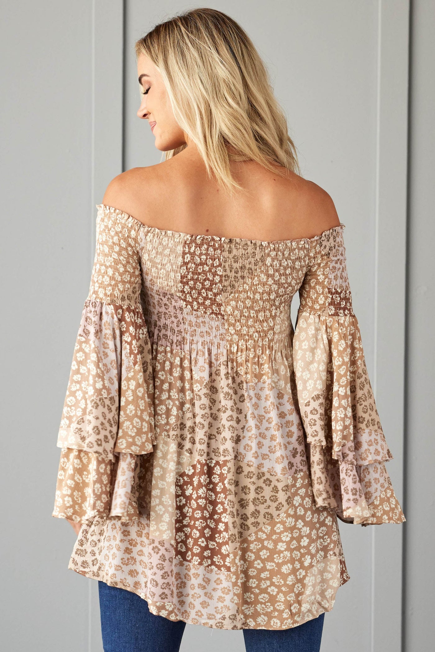 Camel Floral Patchwork Off Shoulder Dress