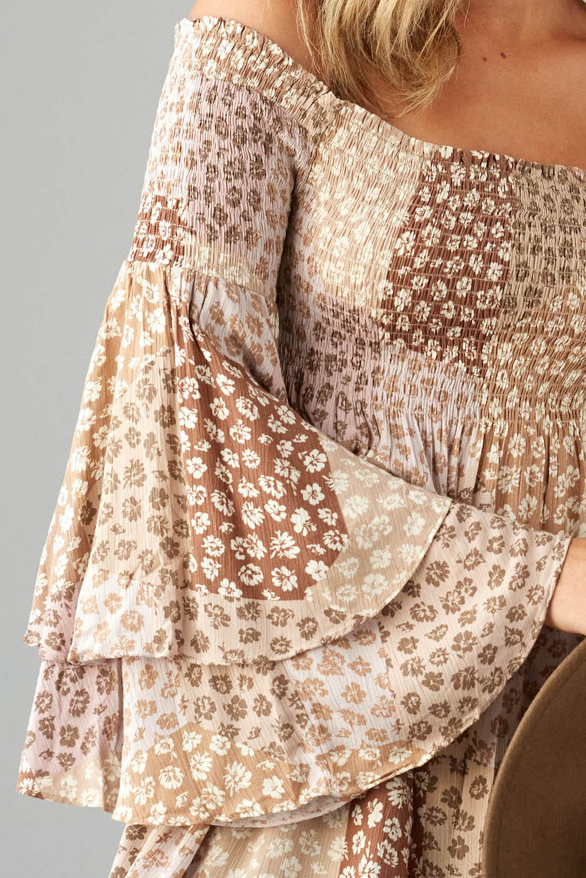 Camel Floral Patchwork Off Shoulder Dress