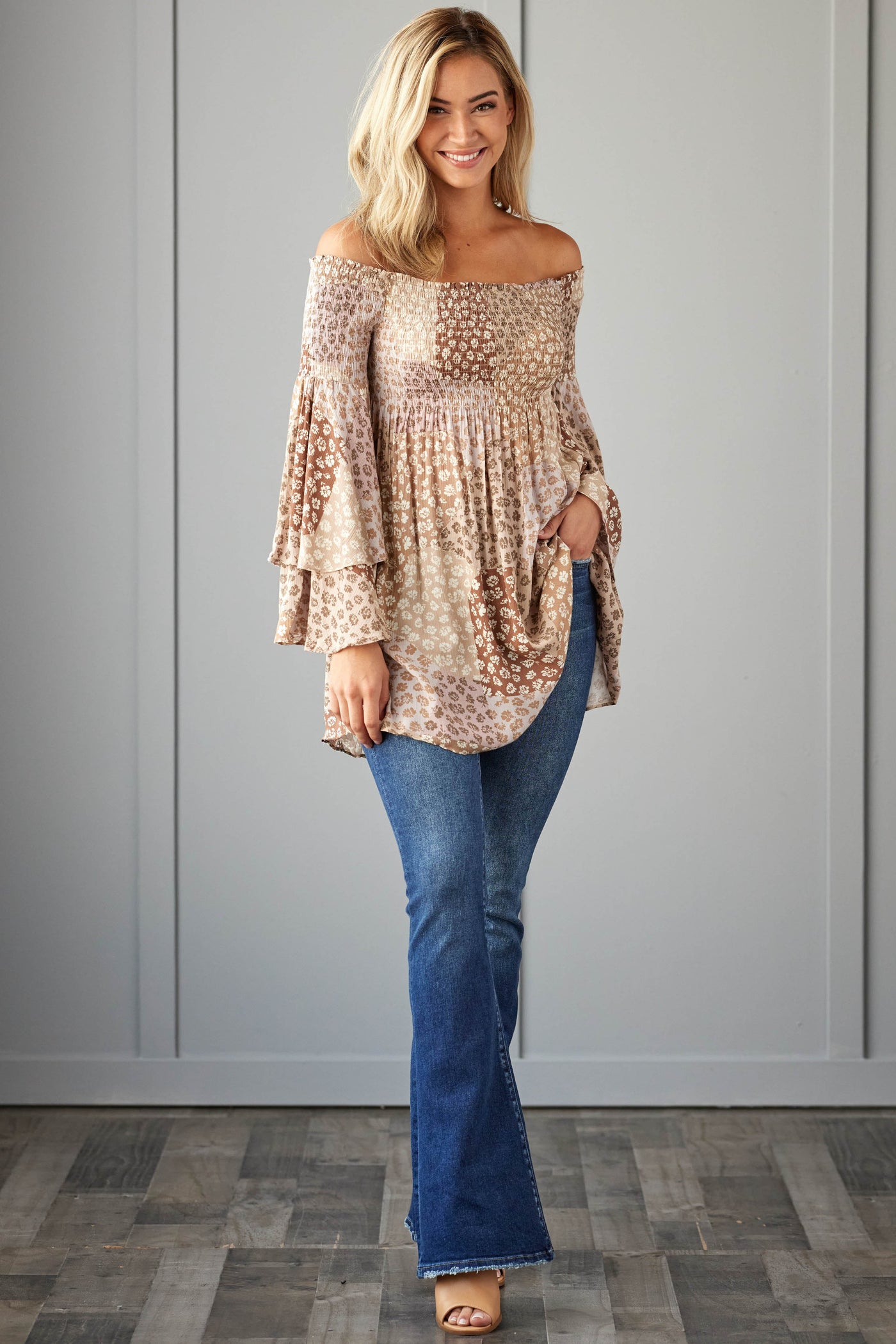 Camel Floral Patchwork Off Shoulder Dress