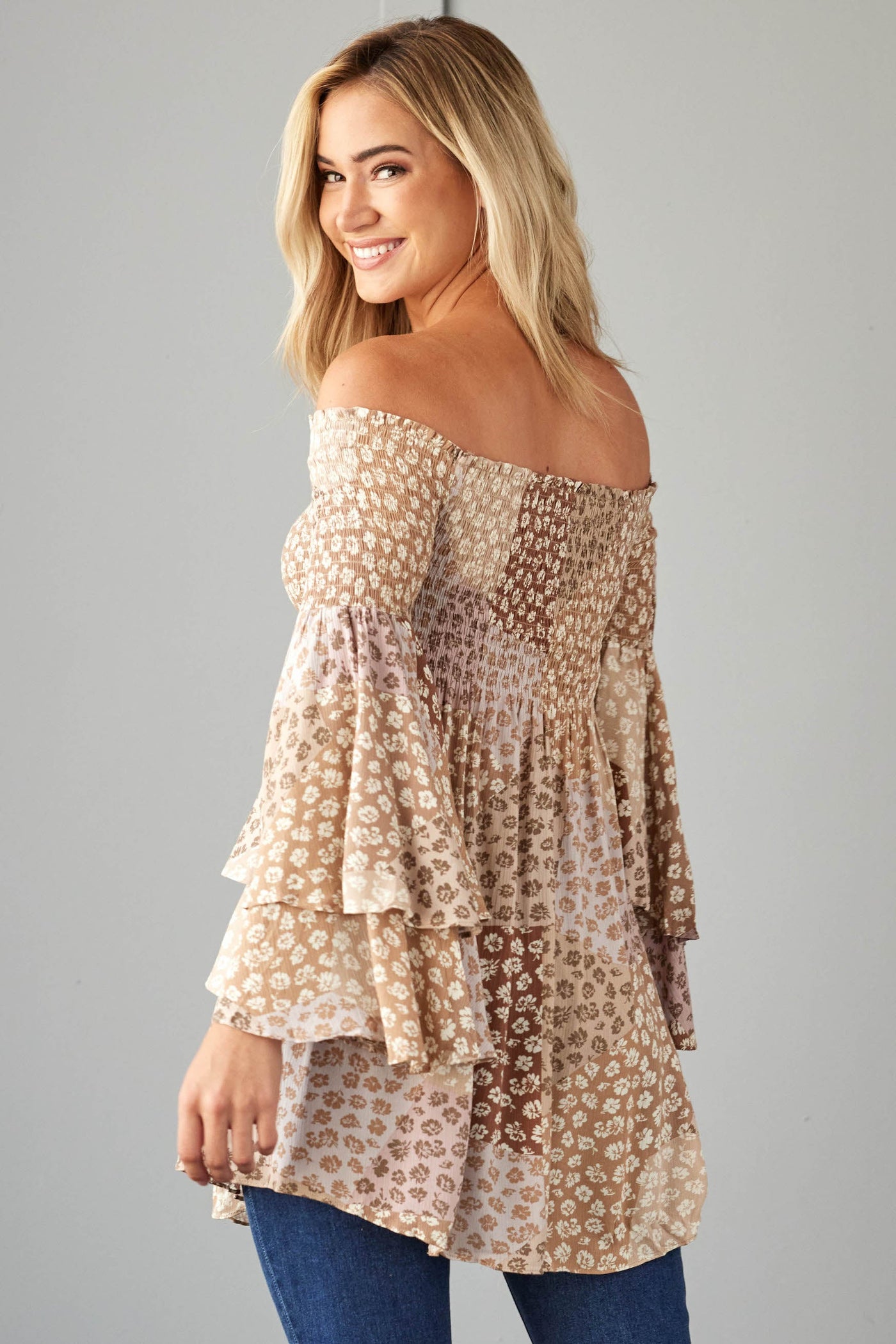 Camel Floral Patchwork Off Shoulder Dress