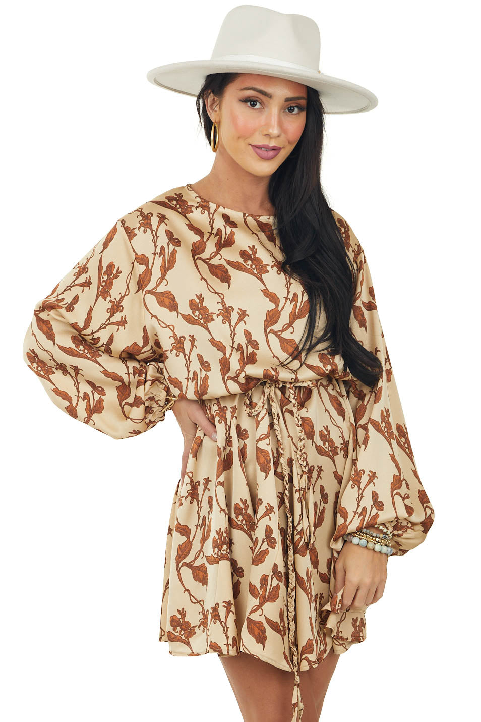 Camel Floral Print Long Sleeve Woven Dress