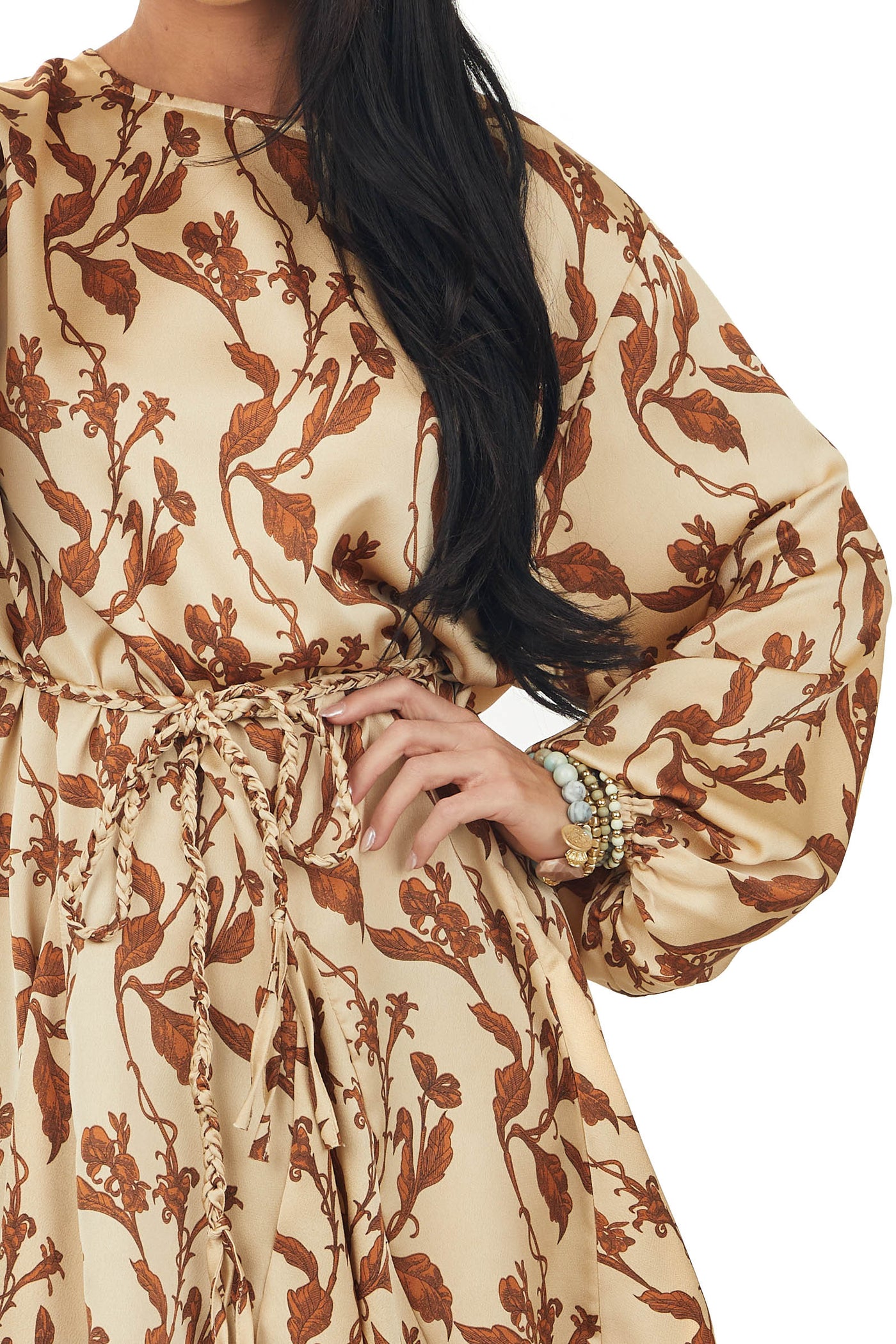 Camel Floral Print Long Sleeve Woven Dress