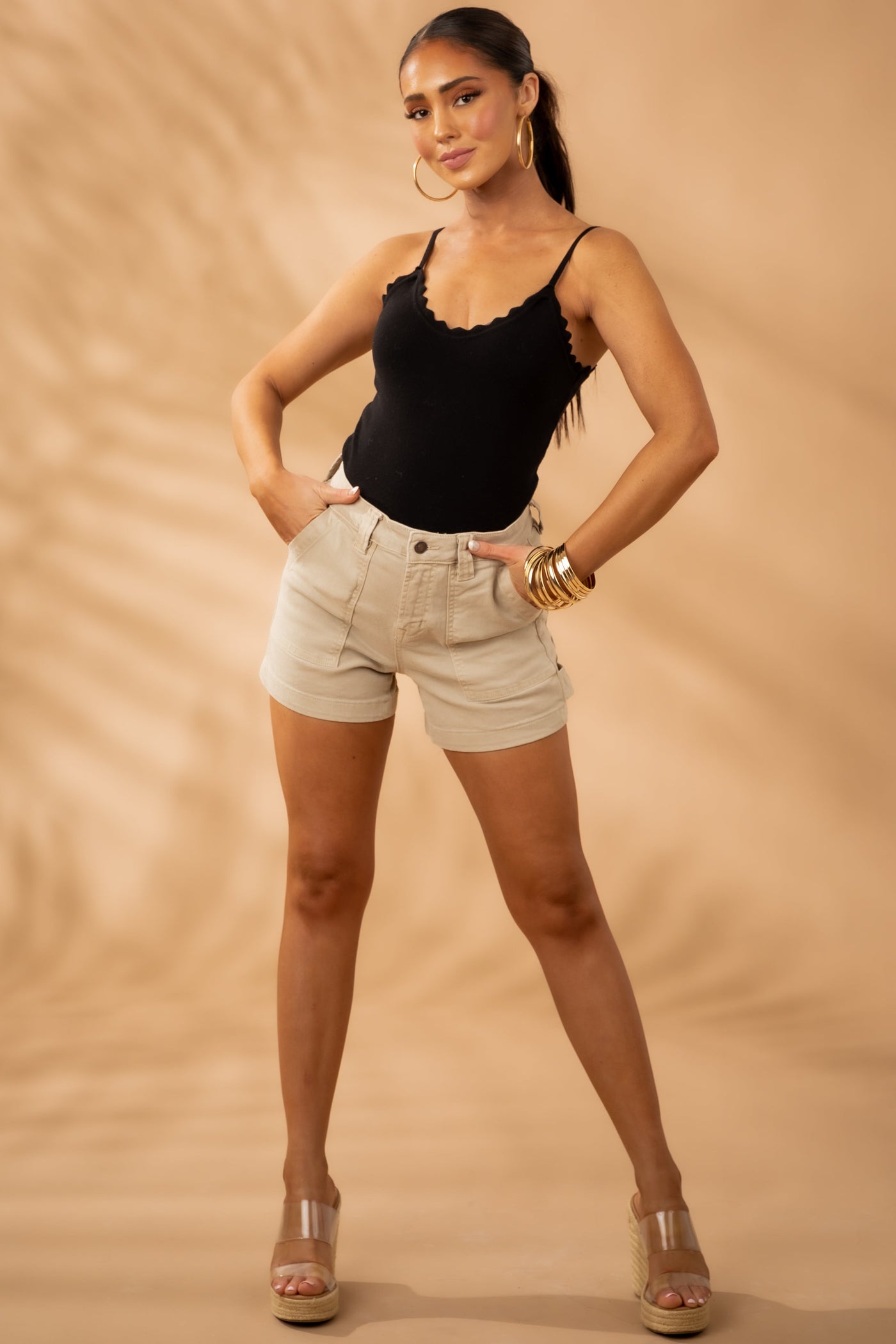 Camel High Rise Denim Carpenter Shorts