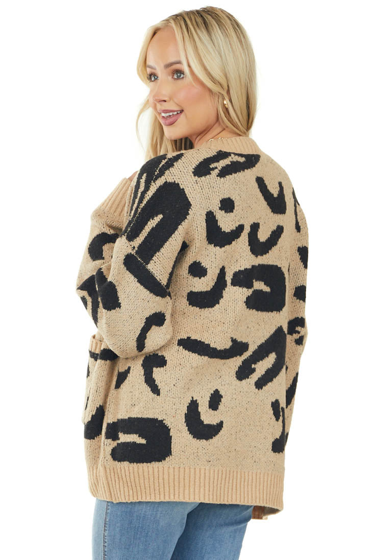 Camel Leopard Button Up Pouch Cardigan