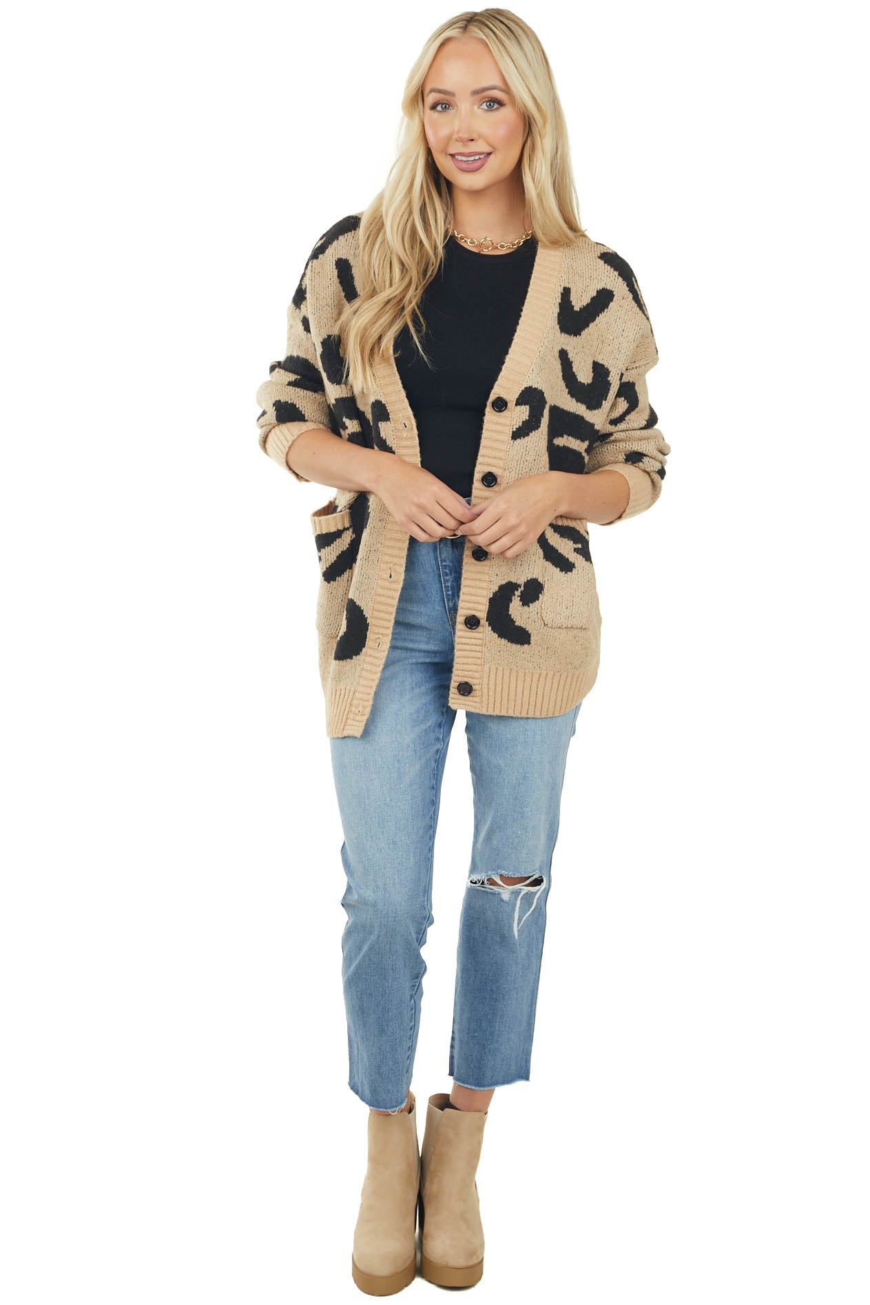 Camel Leopard Button Up Pouch Cardigan