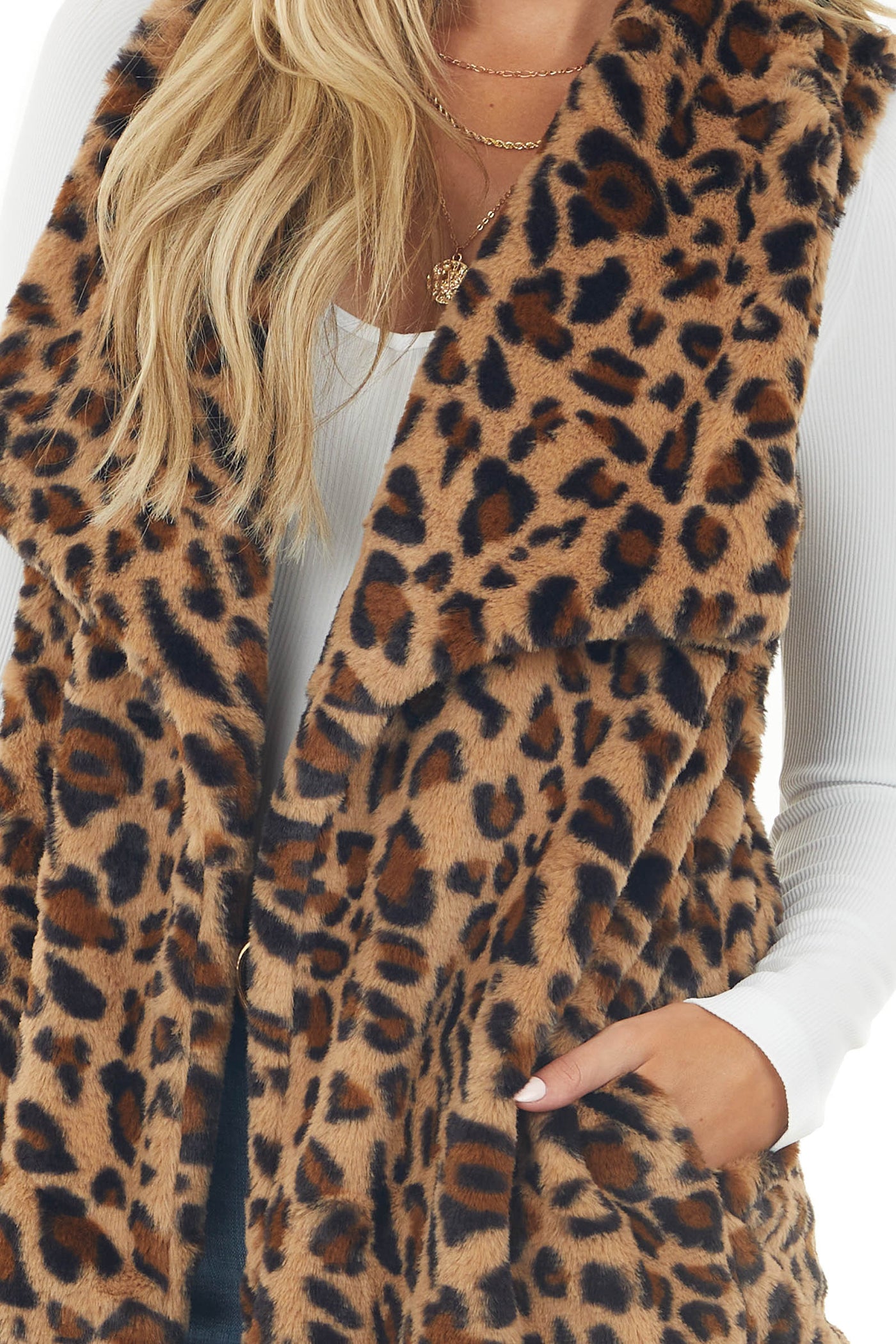 Camel Leopard Print Faux Fur Vest with Lapels