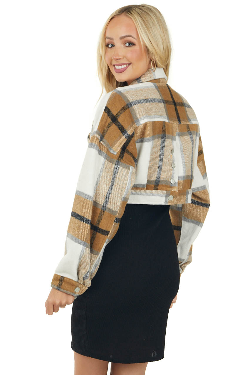 Camel Plaid Button Back Cropped Shirt Jacket
