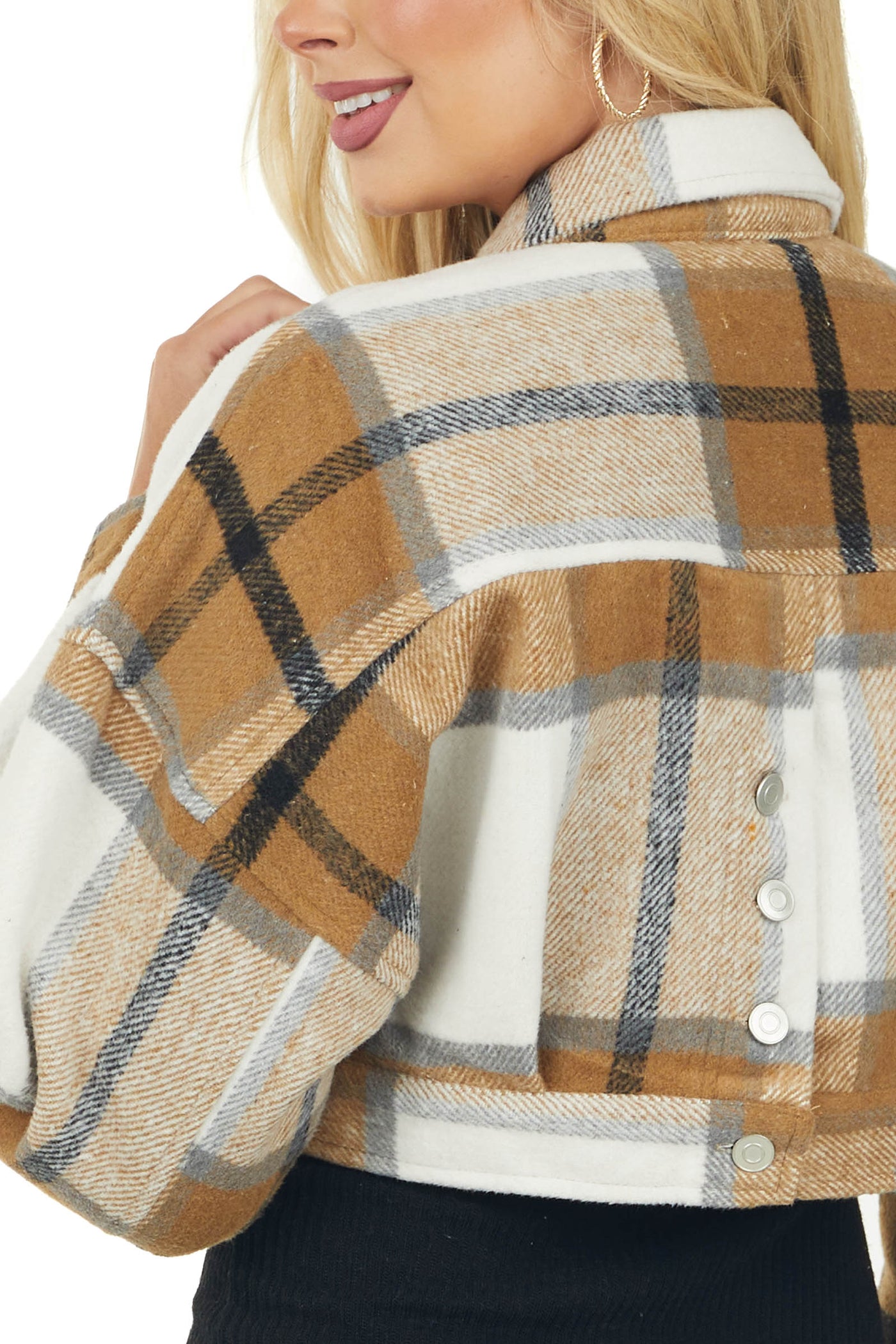 Camel Plaid Button Back Cropped Shirt Jacket