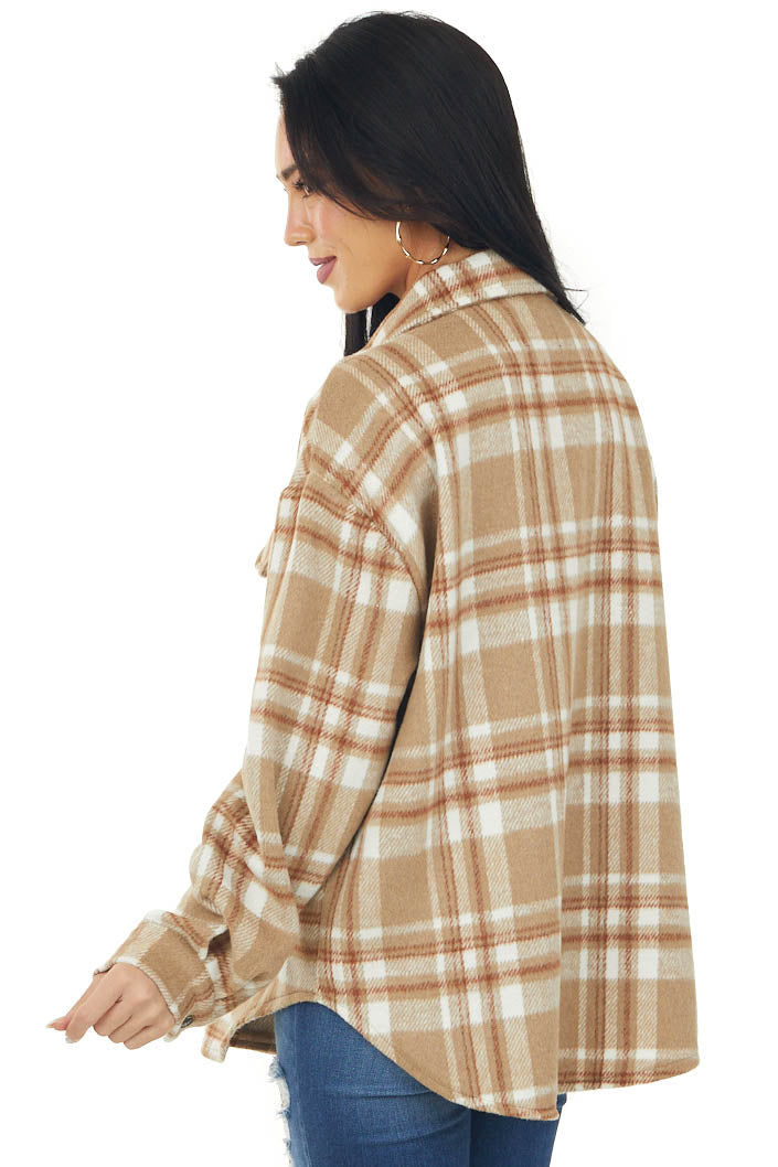 Camel Plaid Chest Pocket Fleece Shacket