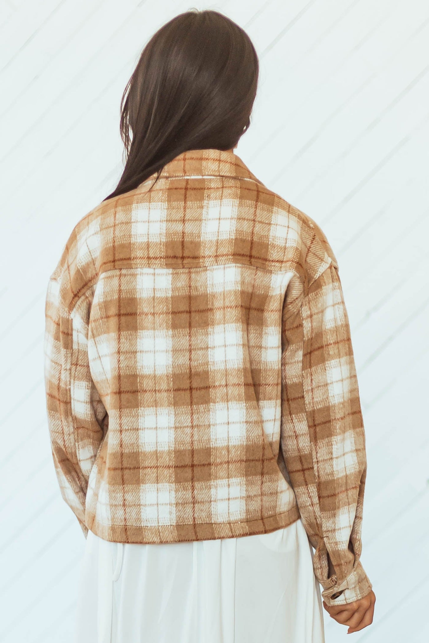 Camel Plaid Soft Fleece Cropped Shirt Jacket