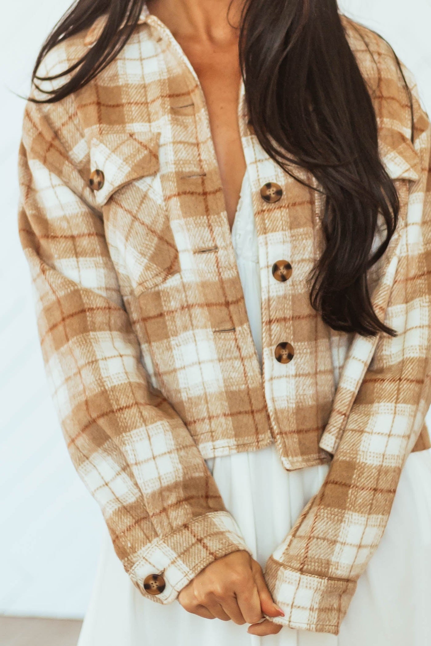 Camel Plaid Soft Fleece Cropped Shirt Jacket