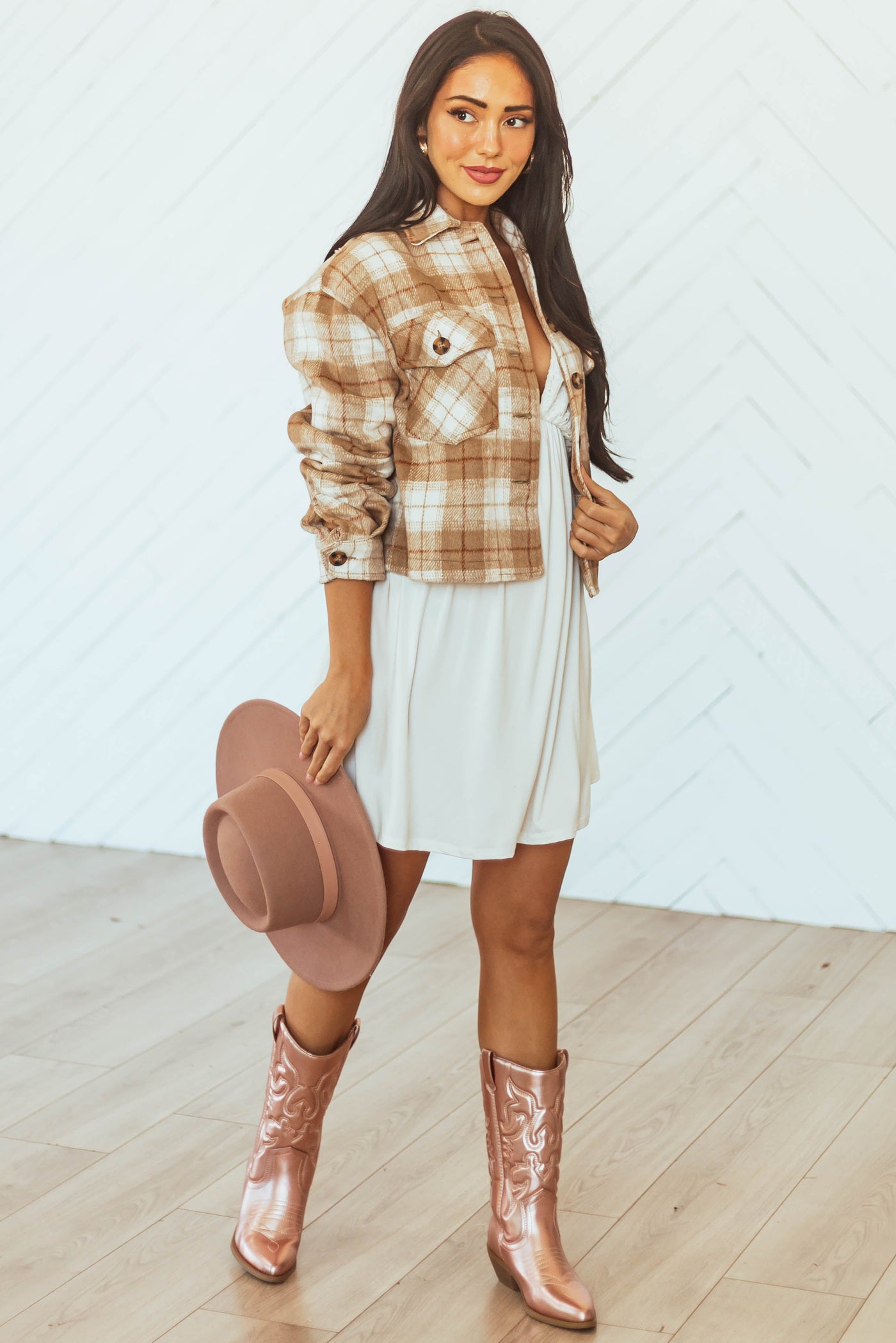 Camel Plaid Soft Fleece Cropped Shirt Jacket