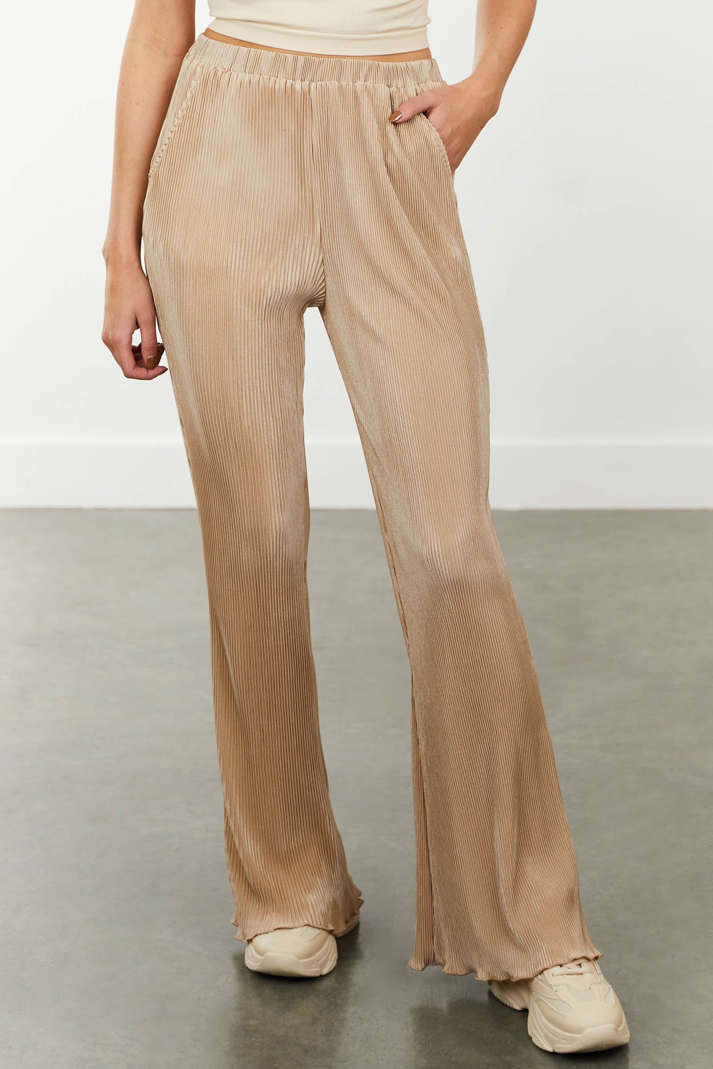 Camel Pleated Elastic Waistline Woven Pants