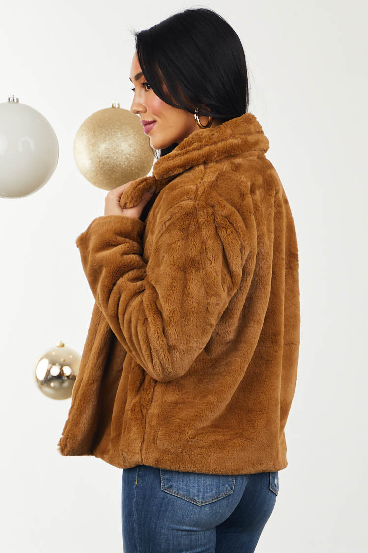 Camel Soft Faux Fur Jacket with Side Pockets