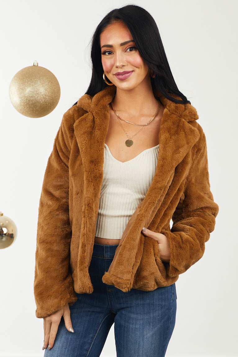 Camel Soft Faux Fur Jacket with Side Pockets
