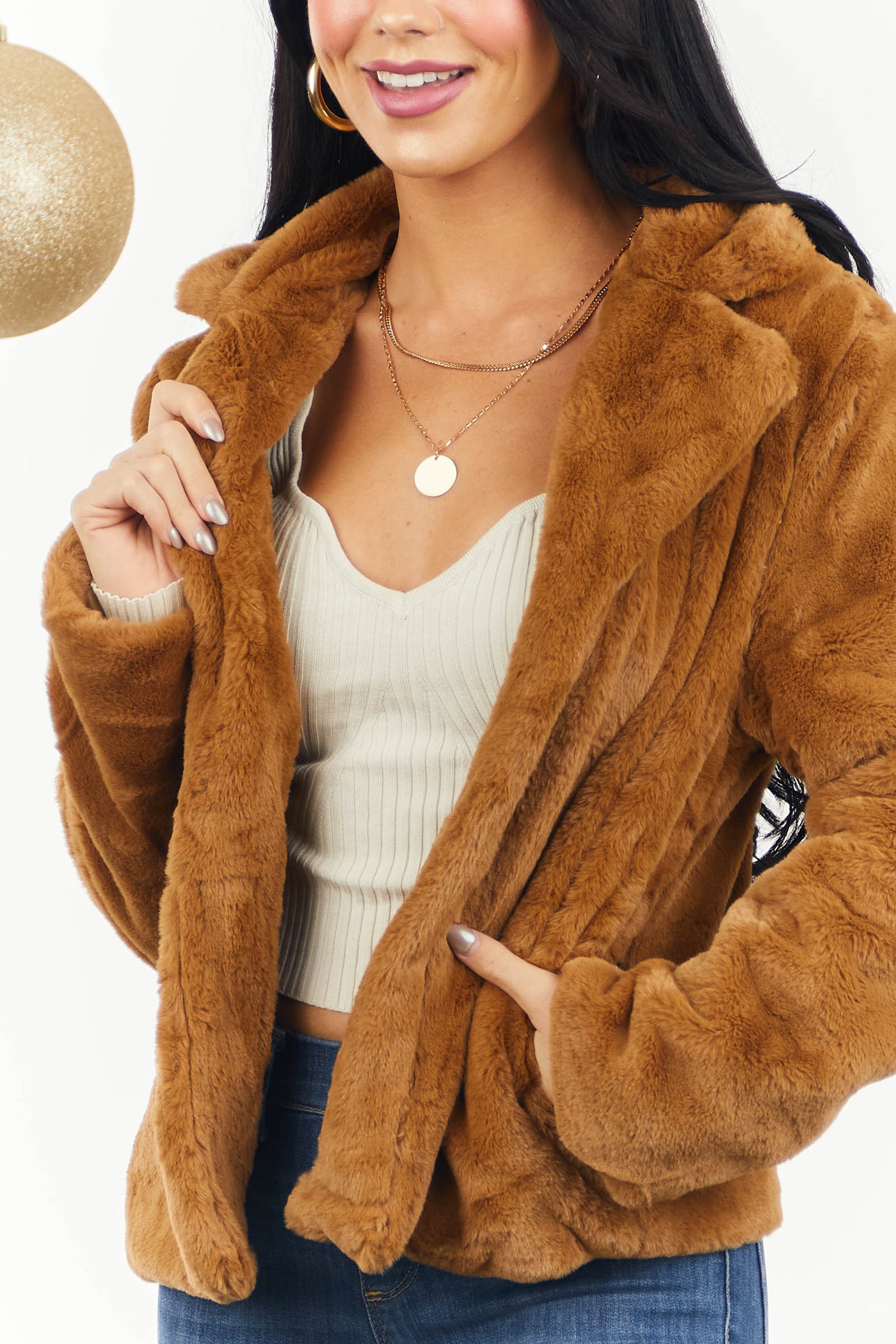 Camel Soft Faux Fur Jacket with Side Pockets