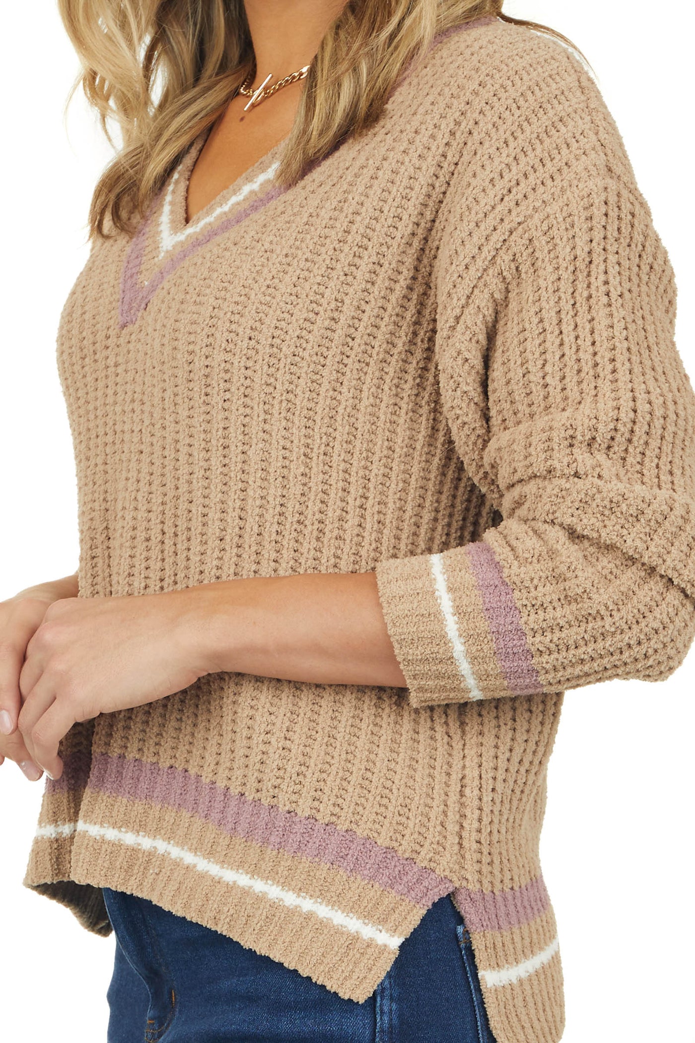 Camel Stripe Trim Long Sleeve Knit Sweater