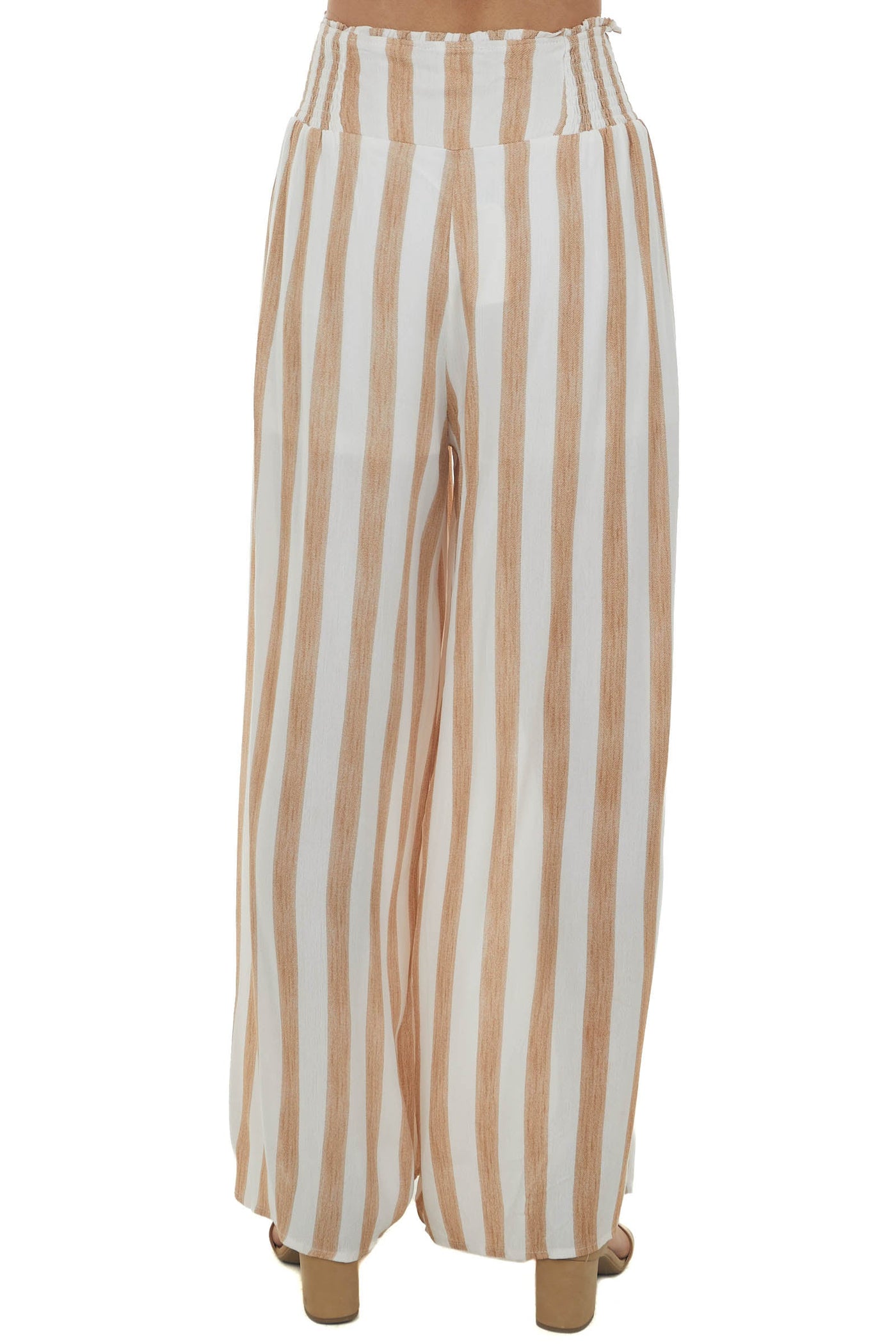 Camel Striped Wide Leg High Rise Tie Pants