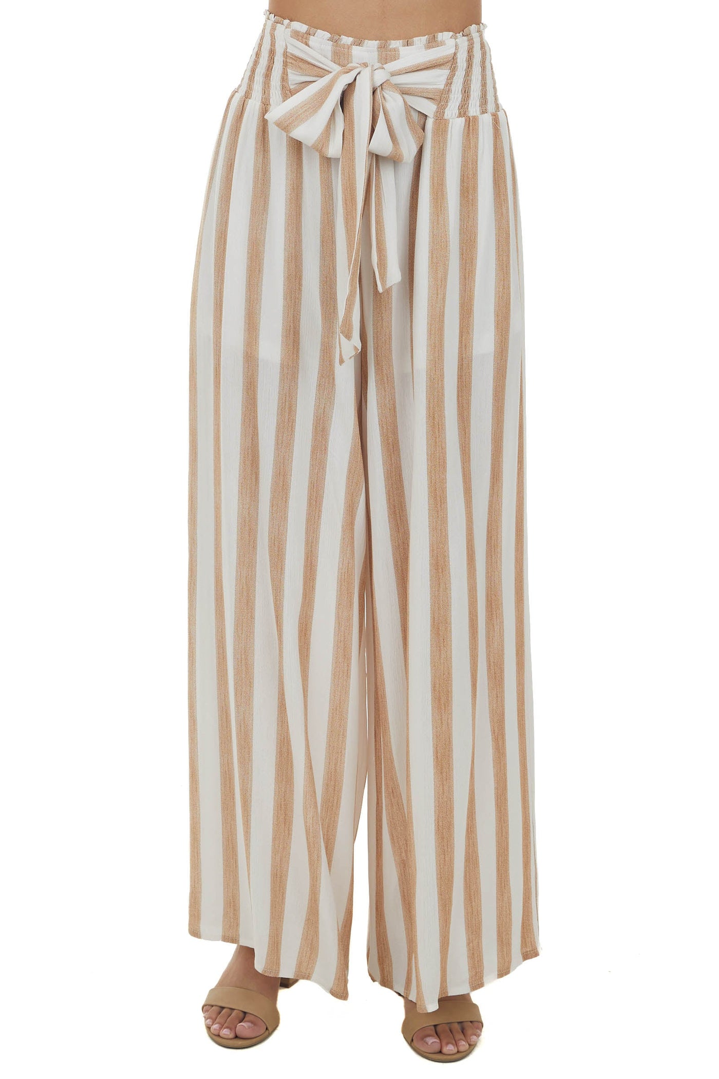 Camel Striped Wide Leg High Rise Tie Pants