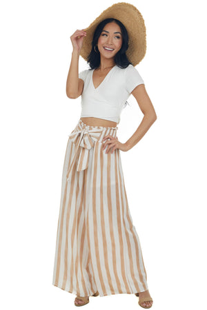 Camel Striped Wide Leg High Rise Tie Pants