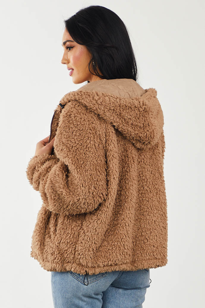 Camel Super Soft Sherpa Hooded Zip Up Jacket