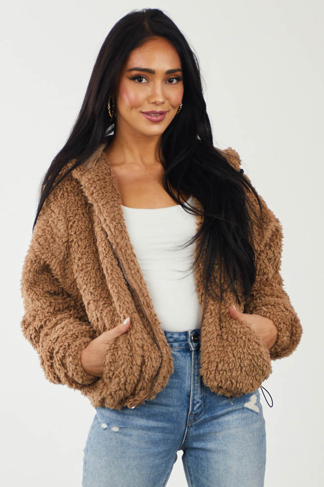 Camel Super Soft Sherpa Hooded Zip Up Jacket