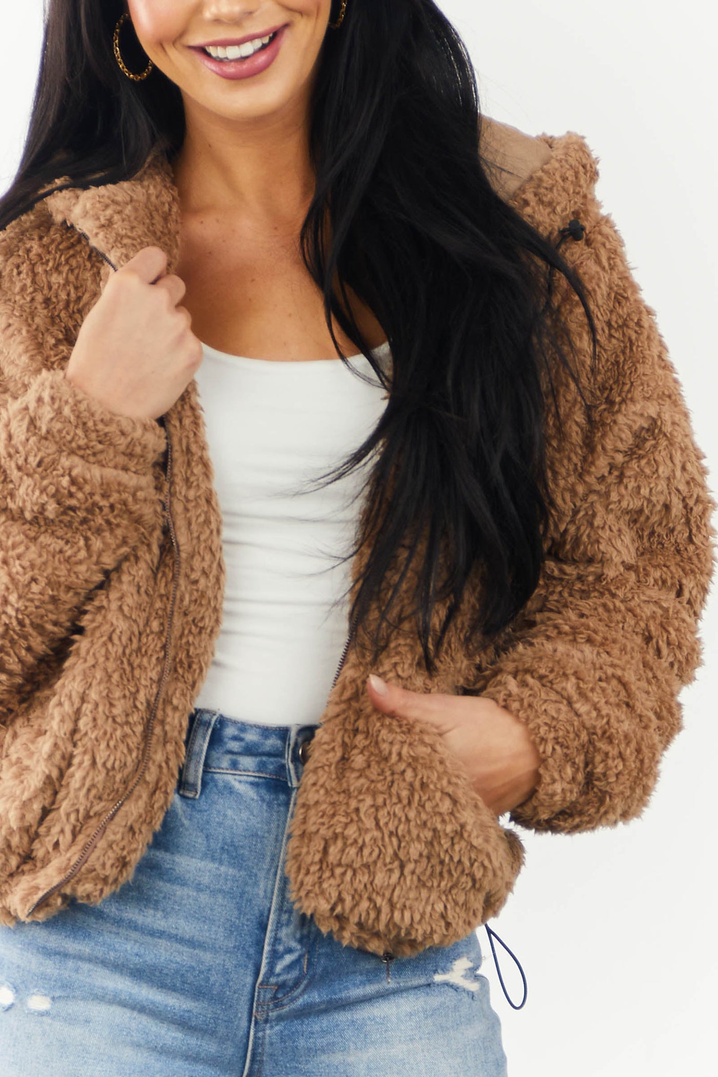 Camel Super Soft Sherpa Hooded Zip Up Jacket