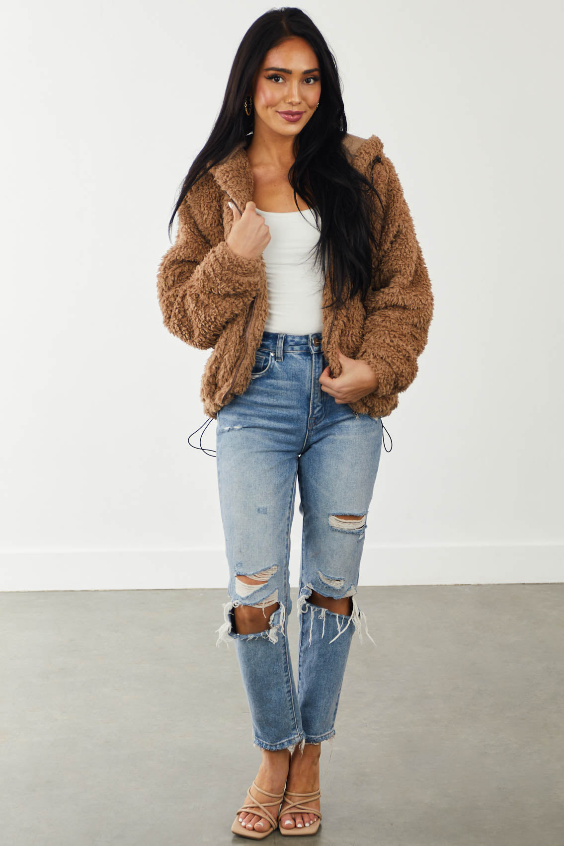 Camel Super Soft Sherpa Hooded Zip Up Jacket