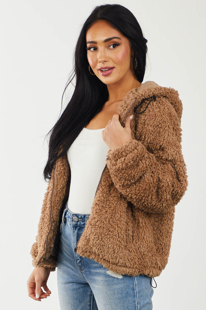 Camel Super Soft Sherpa Hooded Zip Up Jacket